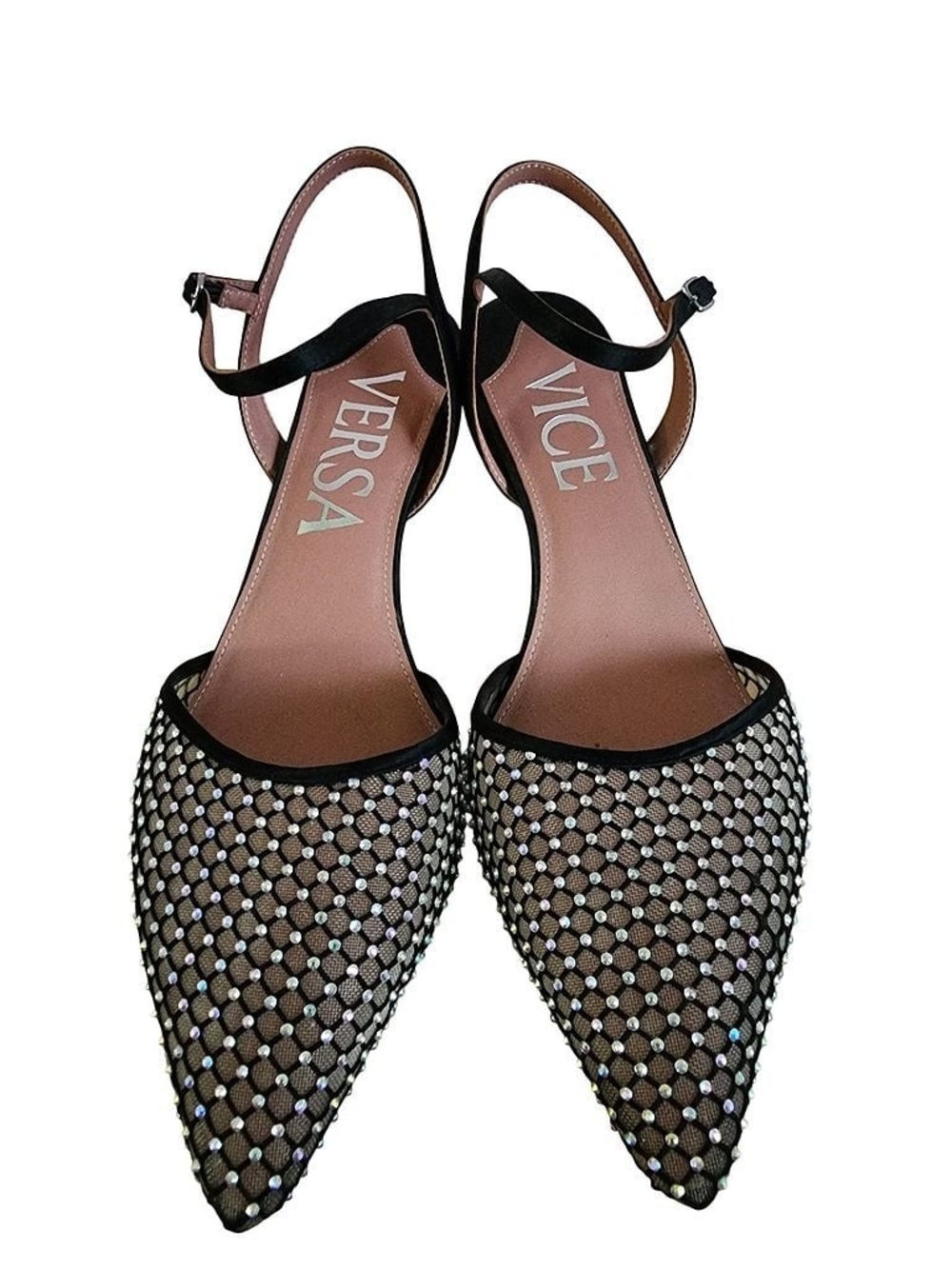 Vice Versa Convertible Everyday Heels/Flats in Irridescent Crystal Mesh, Black